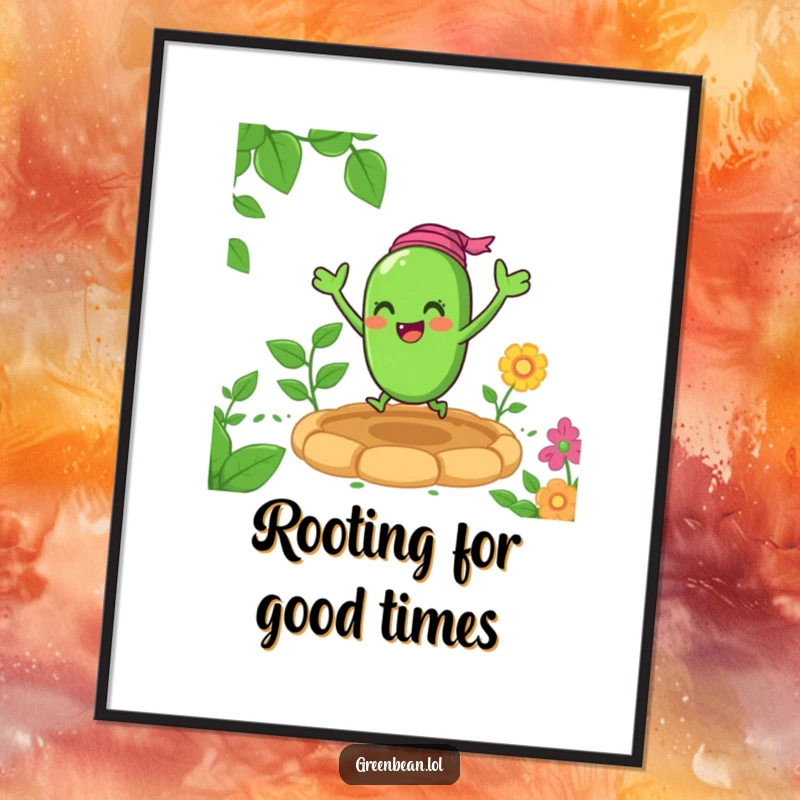 Funny green bean poster featuring an ecstatic character bouncing energetically in a sunny garden, radiating pure joy and garden charm.