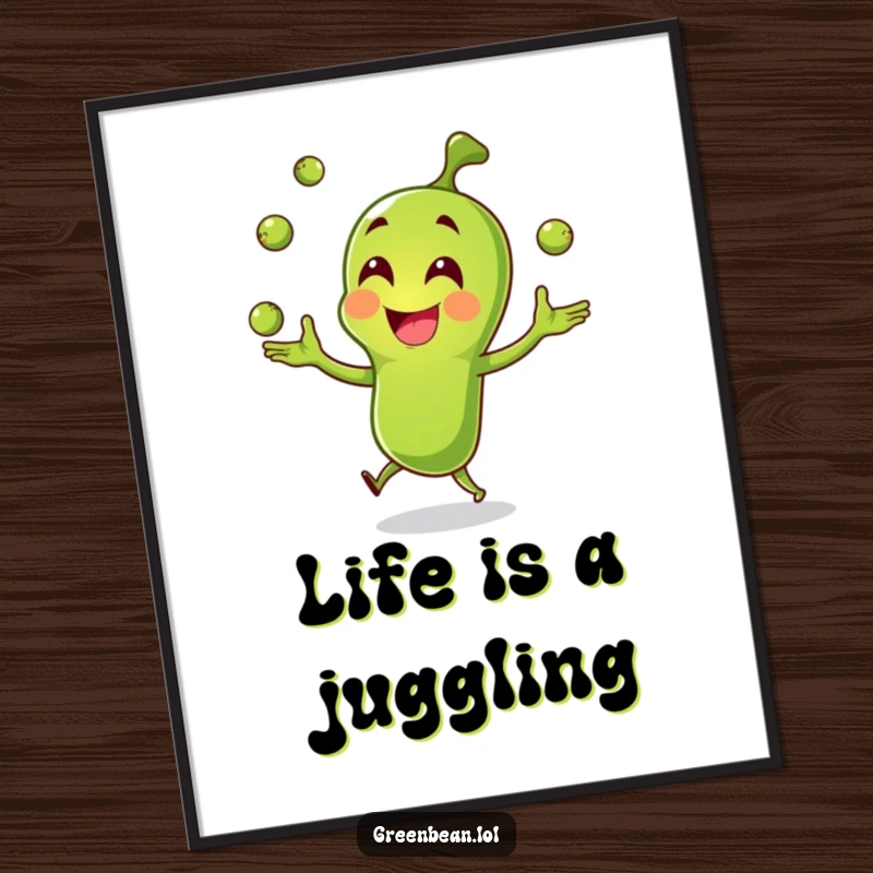 Funny green bean poster, happy character juggling small peas, full of joy and playful motion, humorous wall art, funny gift.
