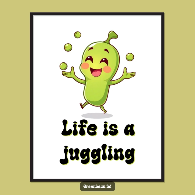 Funny Green Bean Juggling Poster: Happy Character Art - Unique Funny Gift!