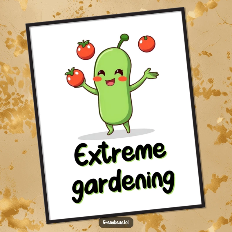 Funny poster art of a green bean character juggling three small tomatoes, creating a whimsical and amusing visual.