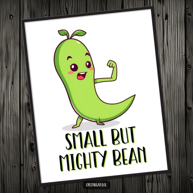 Funny poster featuring a determined green bean flexing a tiny pea muscle, inspiring fitness art and a perfect funny gift.