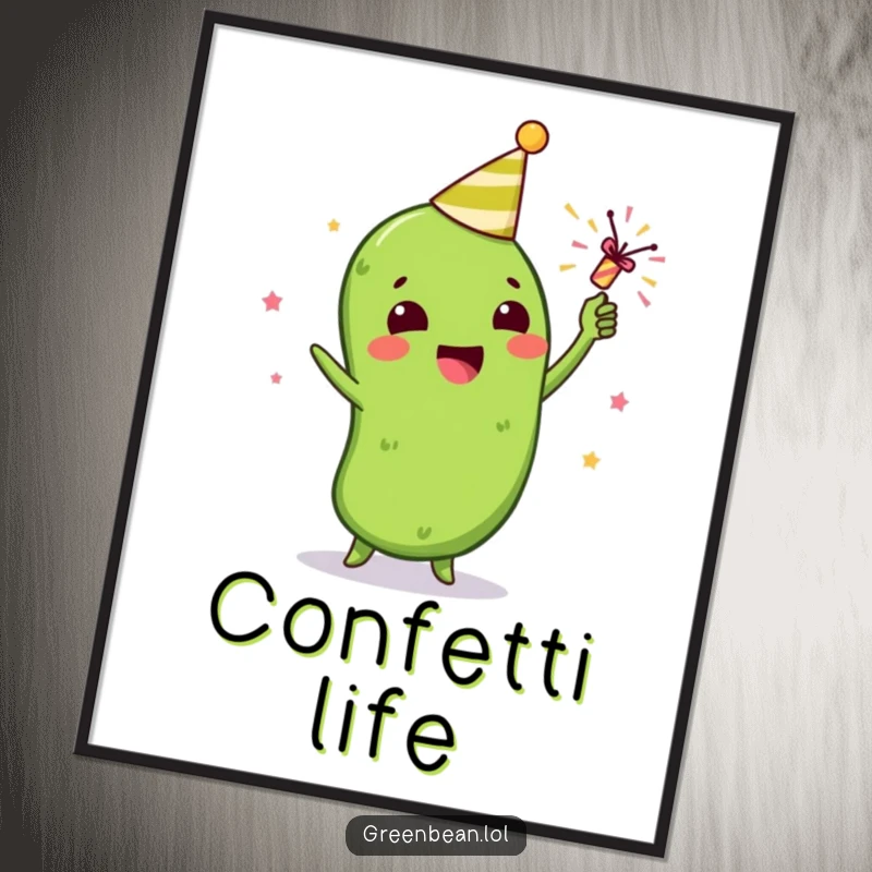 Funny poster art of a gleeful green bean character celebrating with a confetti-filled party popper, adding cheer to decor.
