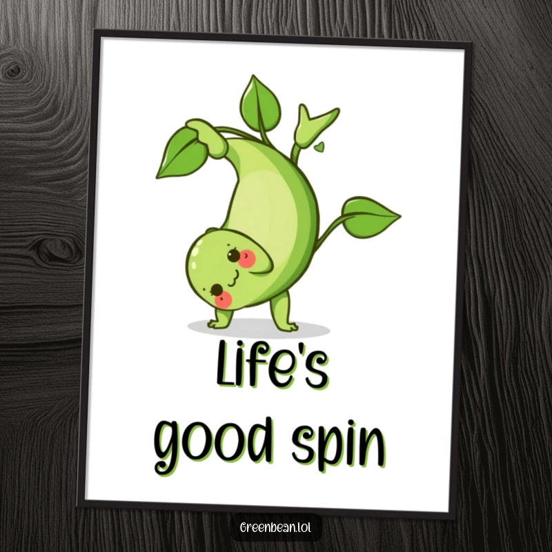 Funny Green Bean Poster: A lively artwork of a green bean character performing a graceful somersault with a leafy flourish, adding playful decor.