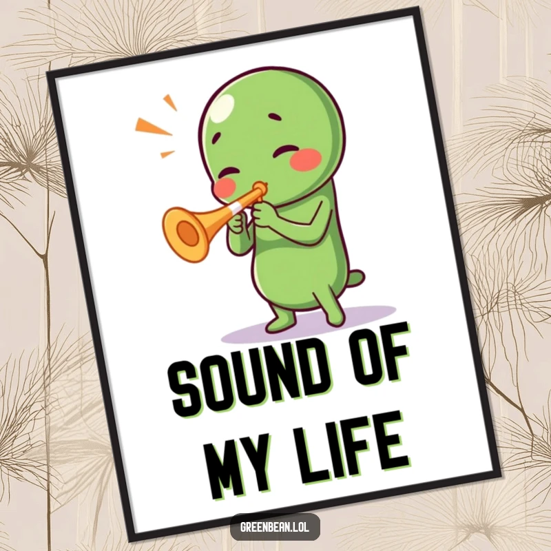 Funny Green Bean Poster: A lively green bean character passionately playing a miniature trumpet, creating a humorous and vibrant wall decoration.