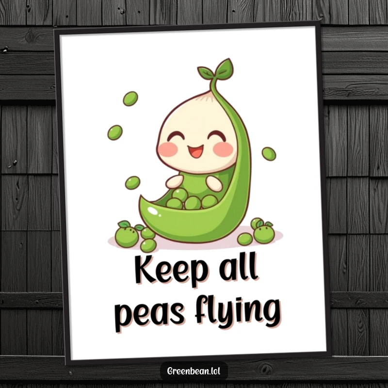 Funny poster of a cheerful green bean segment juggling tiny peas, showcasing dexterity and a playful spirit.