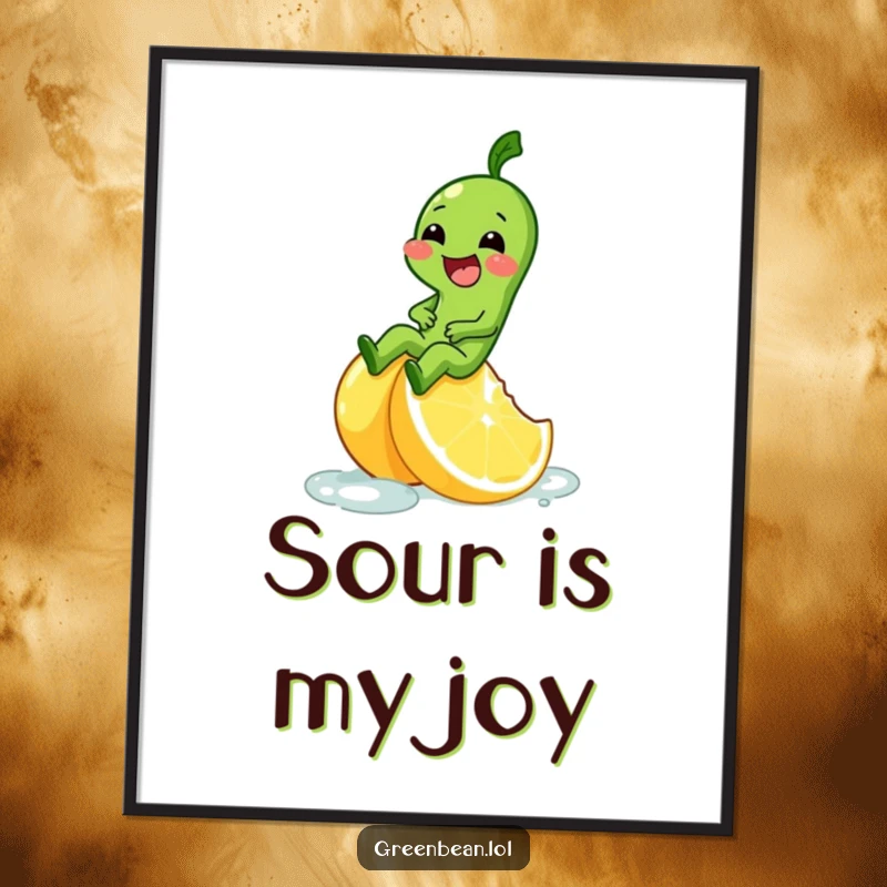 Funny poster art of a green bean character giggling while sliding down a slippery lemon wedge.