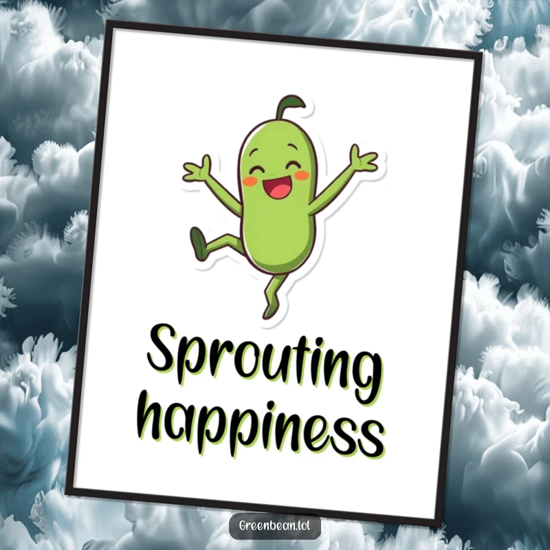 Funny Poster: Smiling green bean character doing a joyful cartwheel, vibrant and humorous wall art for food lovers.