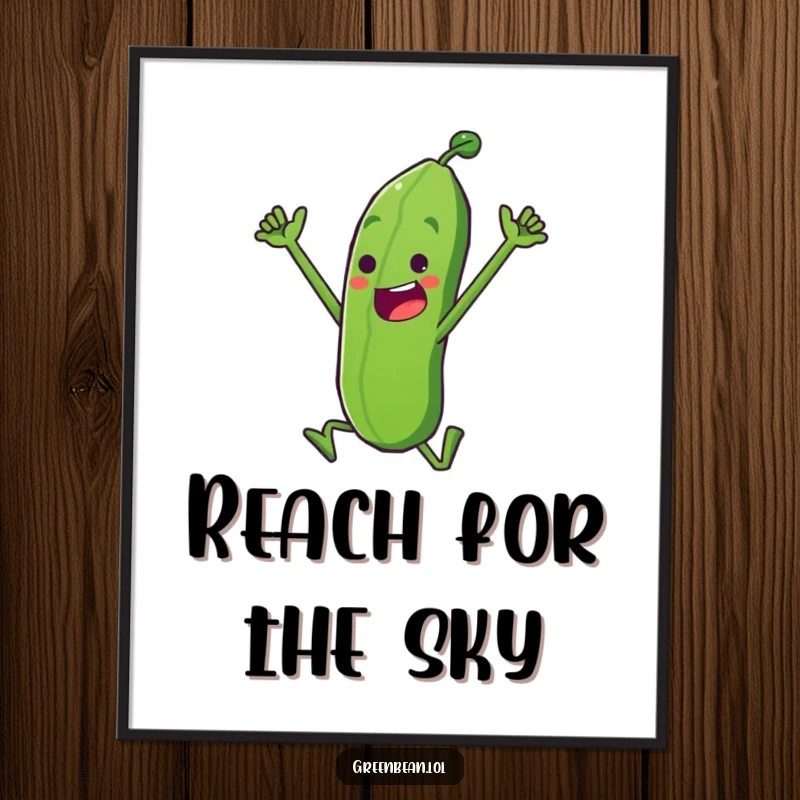 Funny Poster illustrating a determined green bean character in a triumphant leap, bringing motivational humor to wall decor, an excellent funny gift.