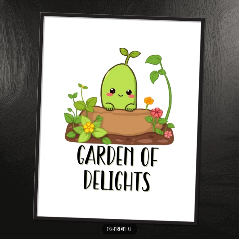 Funny poster of a curious green bean peeking from a garden bed. Humorous and charming wall art for nature lovers.