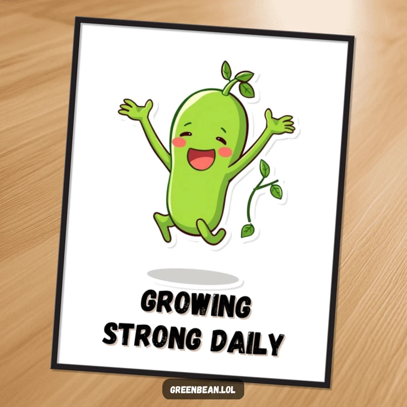 Funny poster of a happy green bean character joyfully doing a jumping jack with a vine, energetic wall art.