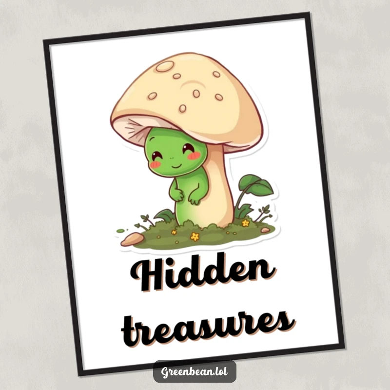 Funny poster showcasing a shy green bean character hiding behind a large, friendly mushroom, evoking a sense of gentle peace.