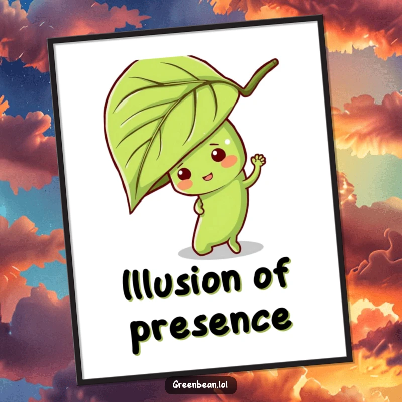 Funny green bean poster showing a mischievous character playing hide-and-seek behind a large leaf, perfect for playful wall decor.