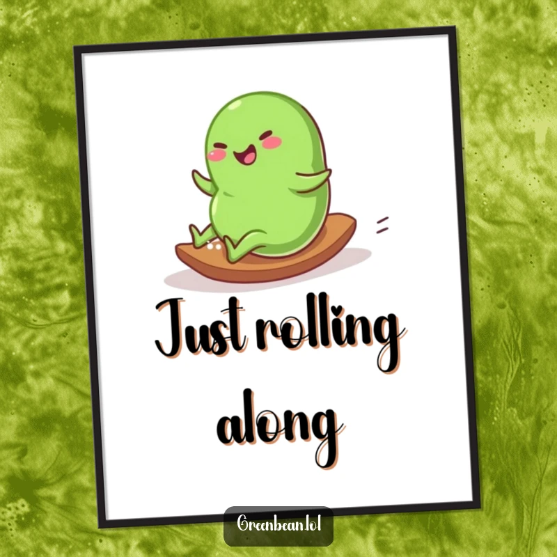 Funny Poster art of a plump green bean character gleefully rolling down a gentle slope, embodying pure uninhibited joy.