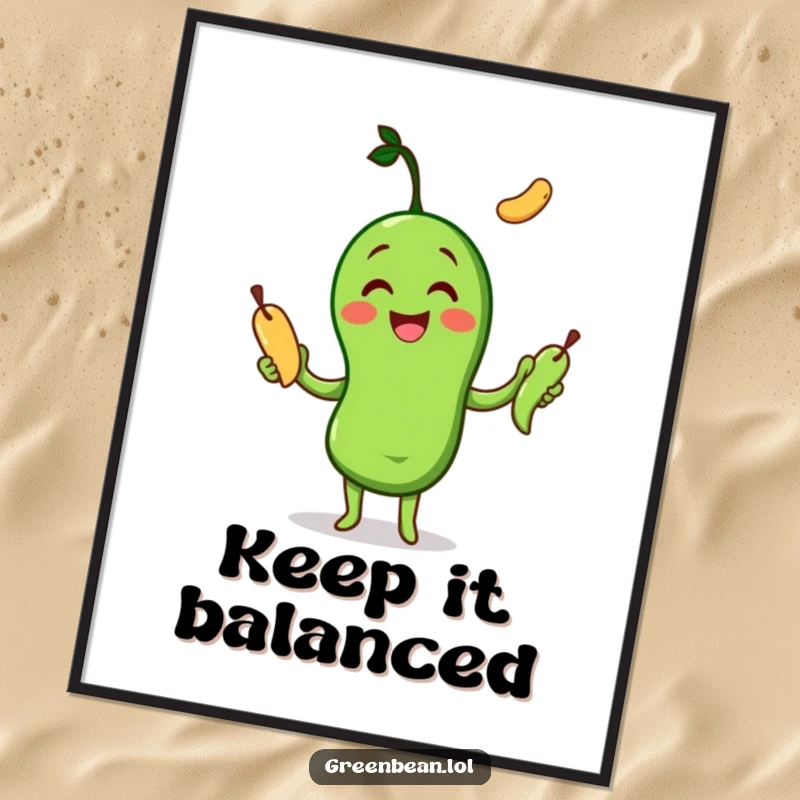Funny Poster art of a happy green bean character joyfully juggling three other green beans, creating a dynamic and humorous scene.