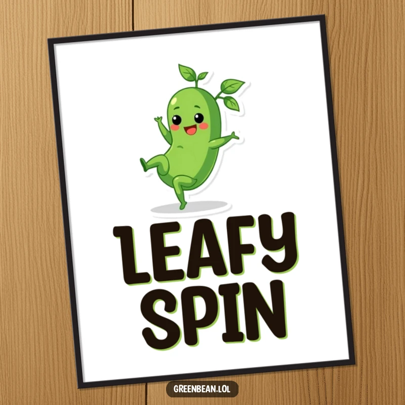 Funny poster of a cheerful green bean performing a cartwheel with its leafy tops trailing, adding movement.