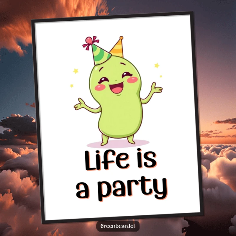 Funny juggling green bean poster of a grinning green bean in a party hat, juggling, creating a vibrant and humorous piece of wall art.