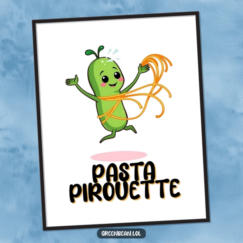 Funny poster depicting an excited green bean character dancing with a strand of spaghetti, styled like a ribbon dancer.