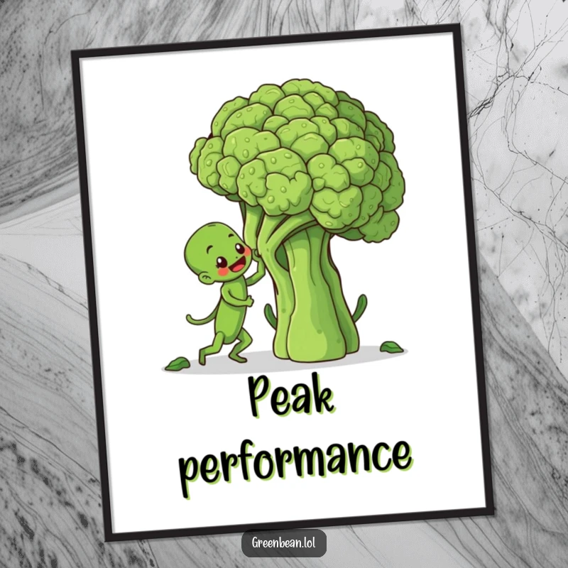 Funny poster print of a green bean character determinedly climbing a giant broccoli stalk, adding humor and motivation to decor.