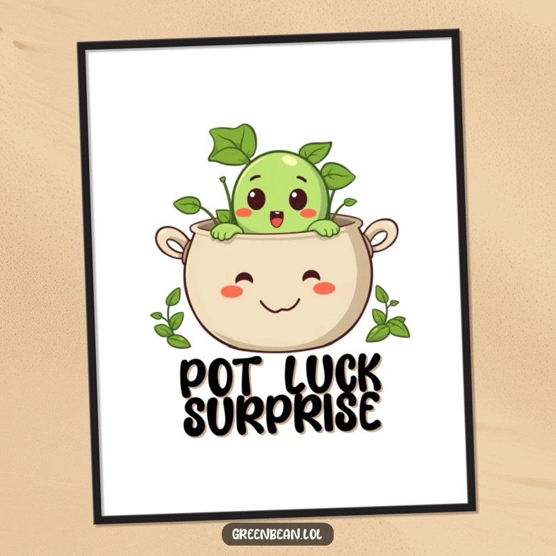 Funny poster of a surprised green bean character peeking out from a giant, smiling pot, whimsical wall art.