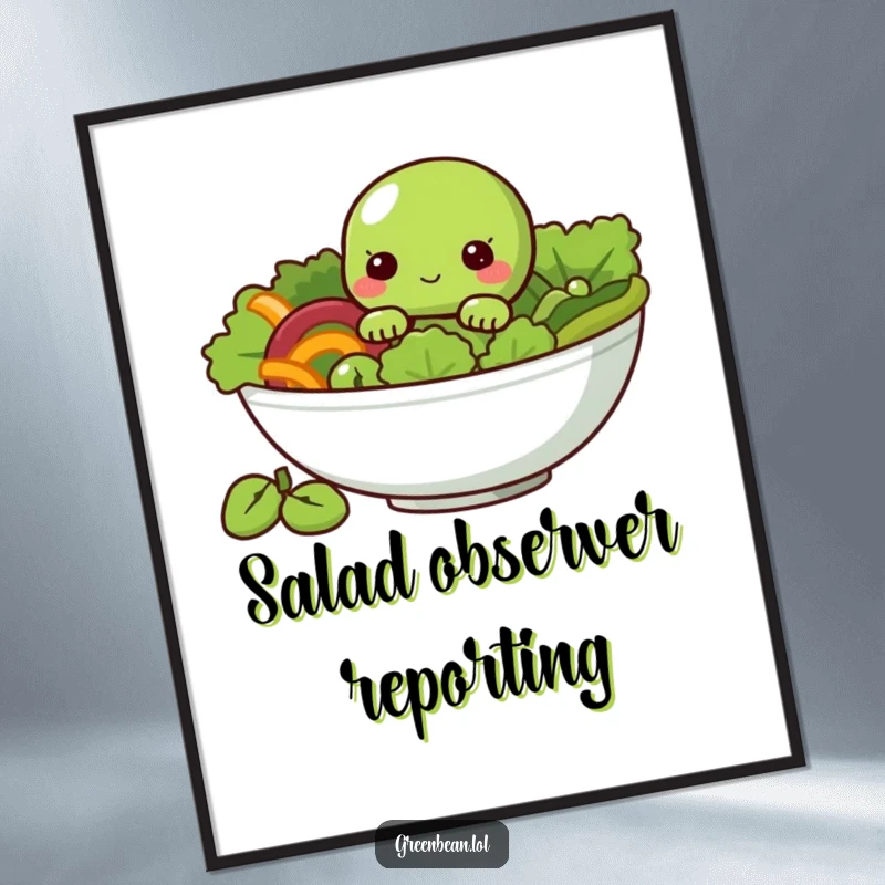 Funny Poster of a shy green bean character peeking from a salad bowl, adding quirky charm to decor.