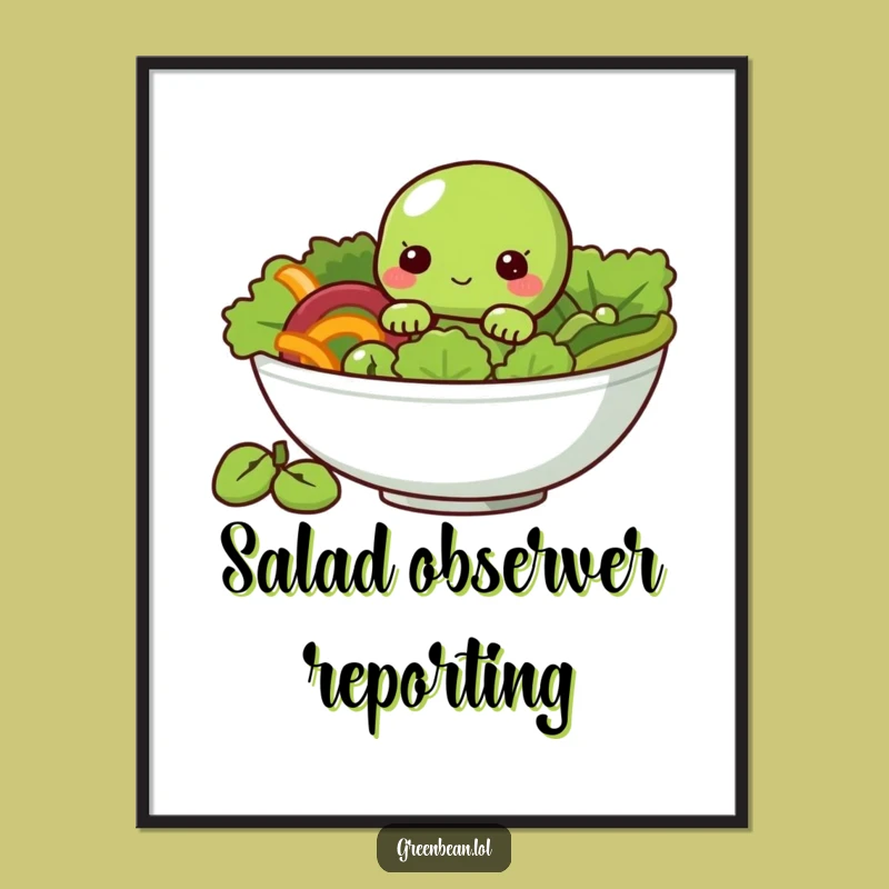 Funny Bean Poster - Shy Green Bean Salad Character Wall Art