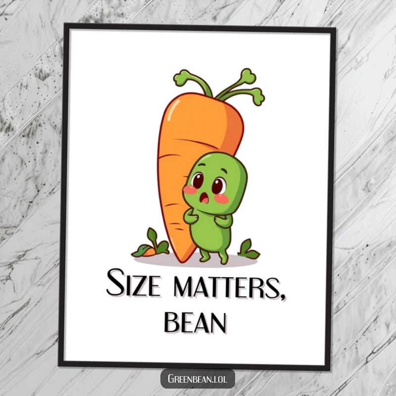 Funny poster depicting a surprised green bean character and an oversized carrot. Humorous vegetable art perfect for adding personality to walls.