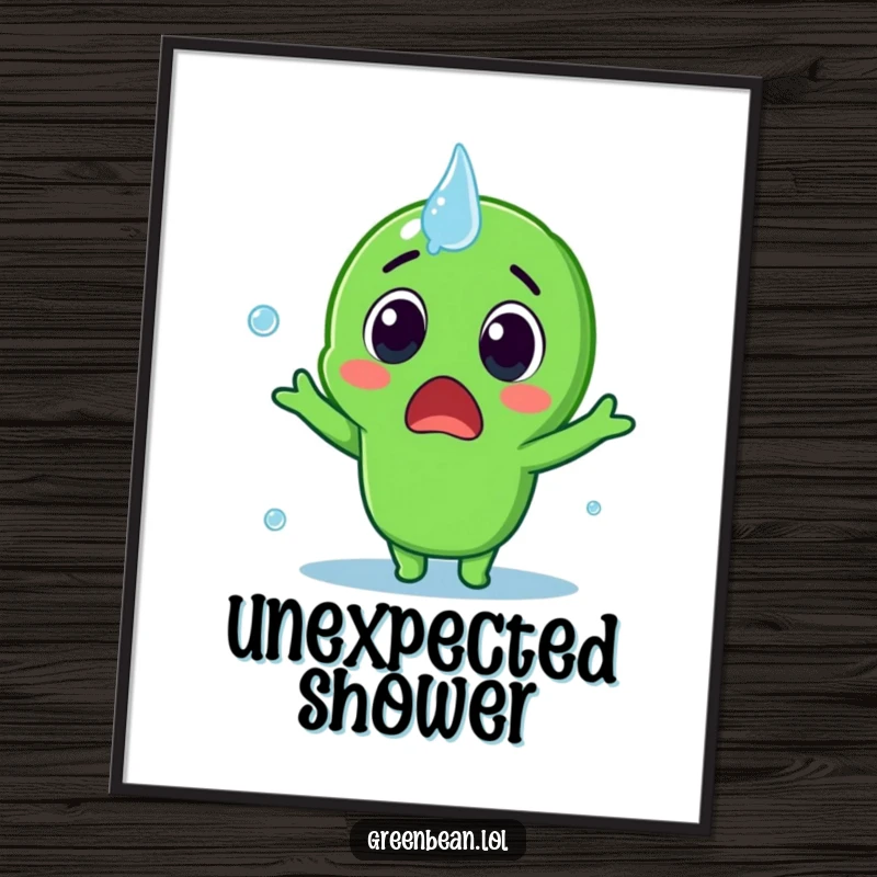 Funny Poster illustrating a surprised green bean character getting splashed, bringing playful shock and humor to wall decor, an excellent funny gift.