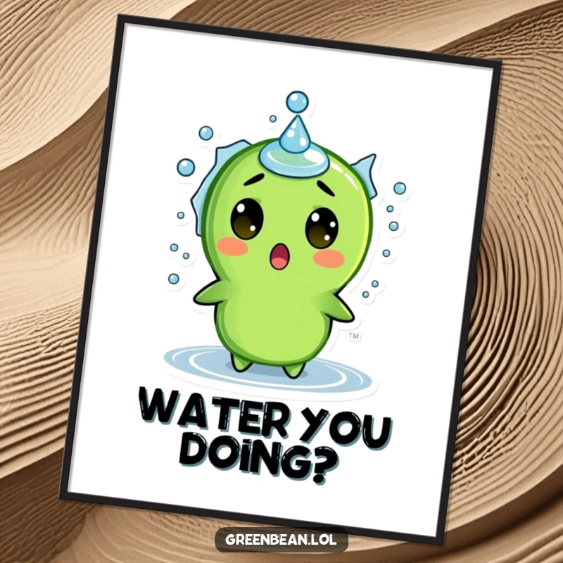 Funny poster print of a surprised green bean character reacting to a water droplet splash, adding humor and personality to decor.