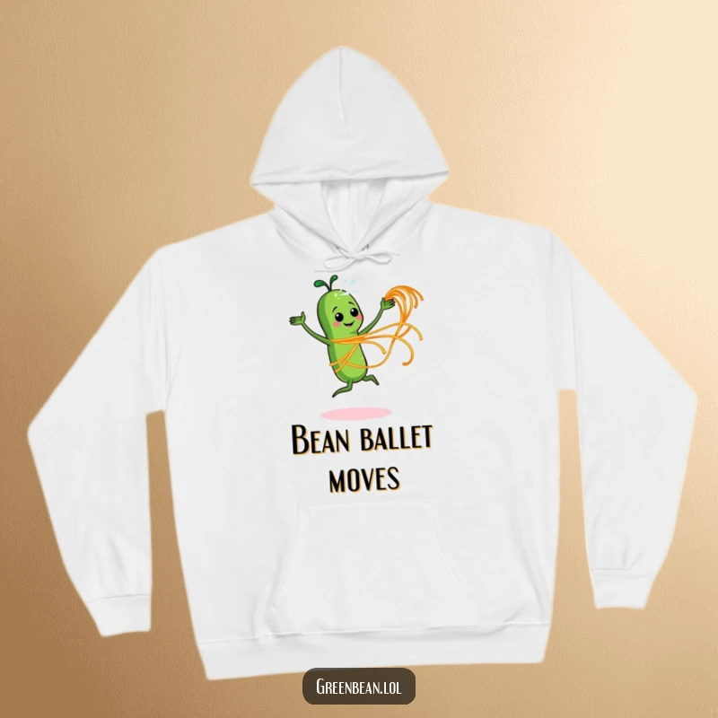 Funny hoodie featuring an energetic green bean character performing a graceful dance with a strand of spaghetti.