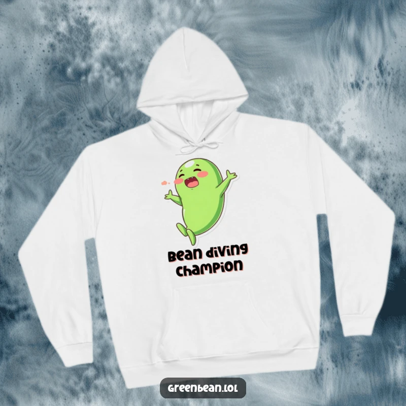 Funny hoodie depicting a plump, blushing green bean character in a theatrical, exaggerated dive, cozy and humorous.