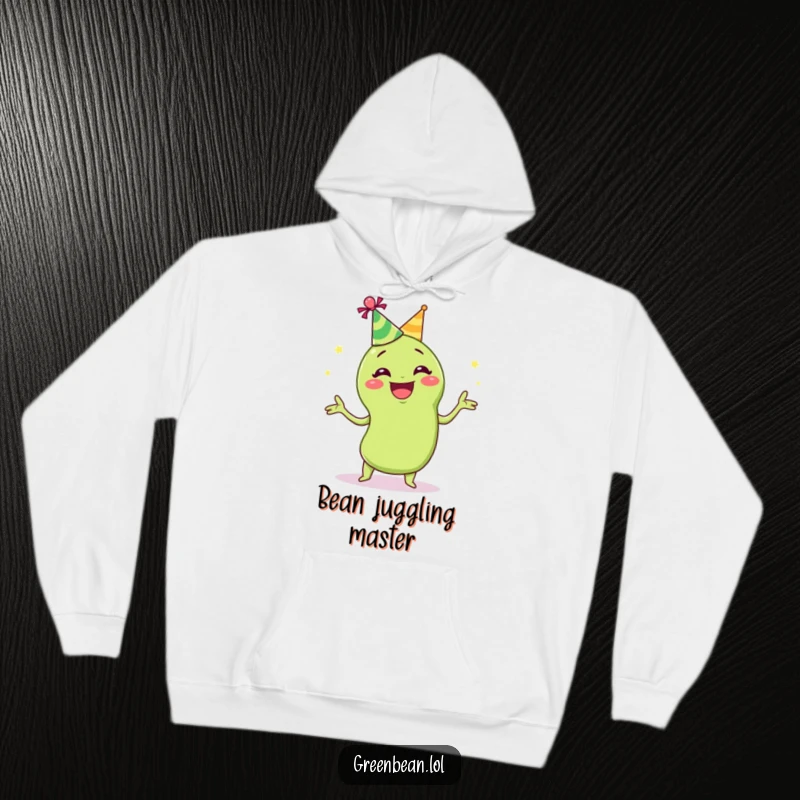 Funny juggling green bean hoodie featuring a grinning green bean wearing a party hat and juggling, perfect for cozy and comical wear.