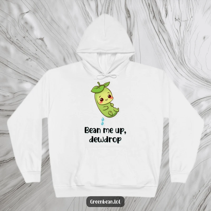Funny Green Bean Hoodie featuring a playful character sliding down a dewdrop, offering cozy comfort and whimsical fun.