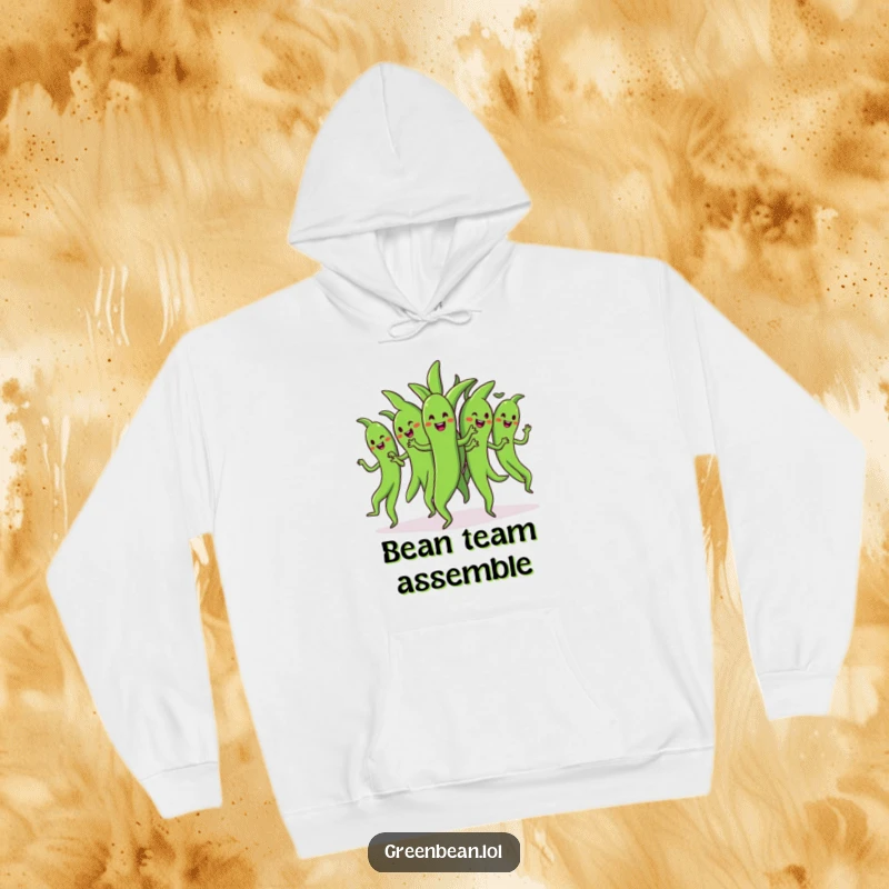 Funny dancing green beans hoodie featuring a bunch of cheerful green beans doing a synchronized dance, perfect for cozy and comical group wear.