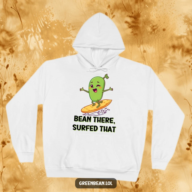 Funny green bean character winking while surfing a potato chip on this cozy and humorous hoodie.