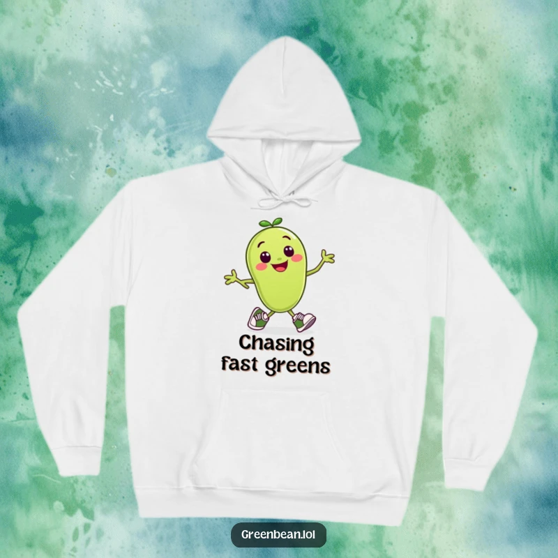 Funny hoodie illustration of a cheerful green bean character wearing small running shoes, mid-run.
