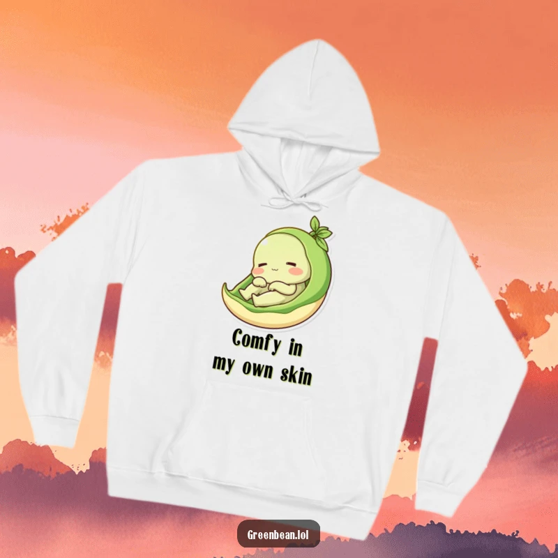 Funny hoodie with a content green bean relaxing in its pod, designed for cozy comfort and humor, a great funny gift.