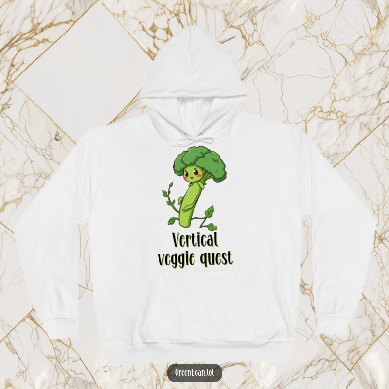 Funny Hoodie with a determined green bean character climbing a broccoli stalk, perfect for cozying up.