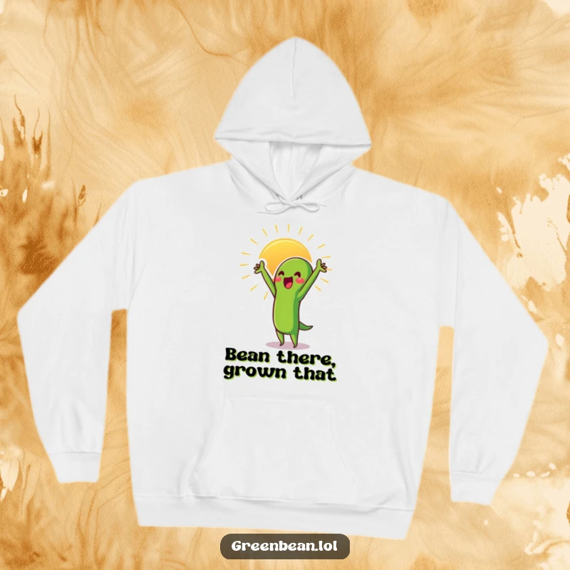 Funny Green Bean Hoodie featuring a proud character stretching towards the sun, offering cozy comfort and motivational vibes.