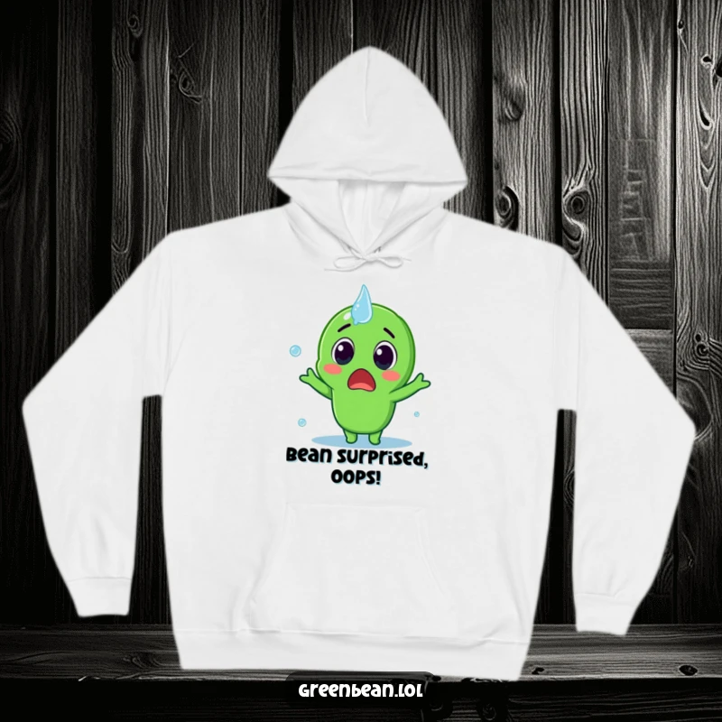 Funny Hoodie showing a surprised green bean character being splashed, offering cozy comfort and playful shock humor, an excellent funny gift.