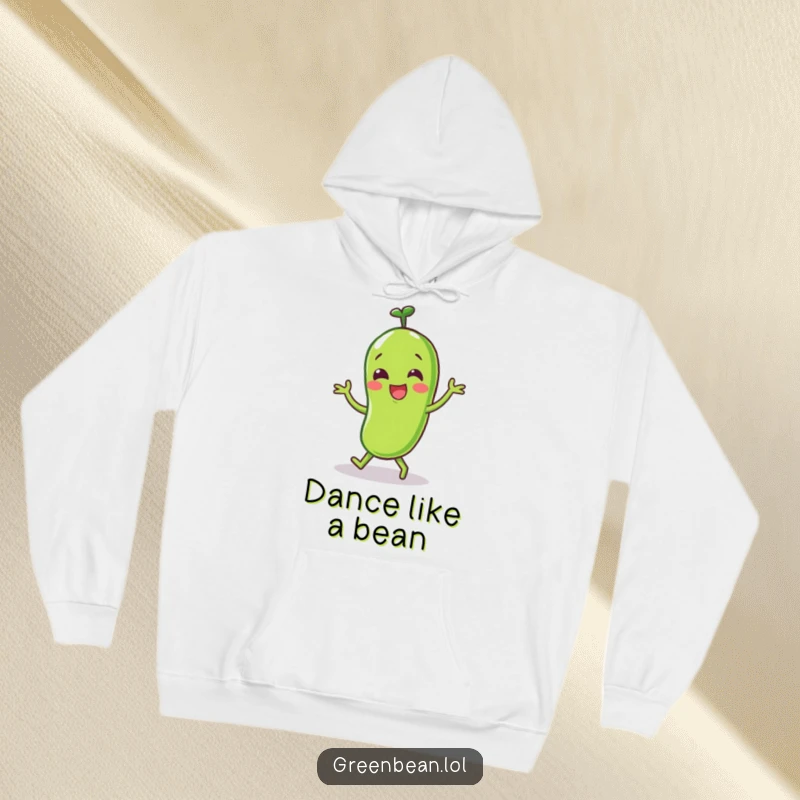 Funny Green Bean Hoodie featuring a happy character doing a little dance, offering cozy comfort and joyful fun.