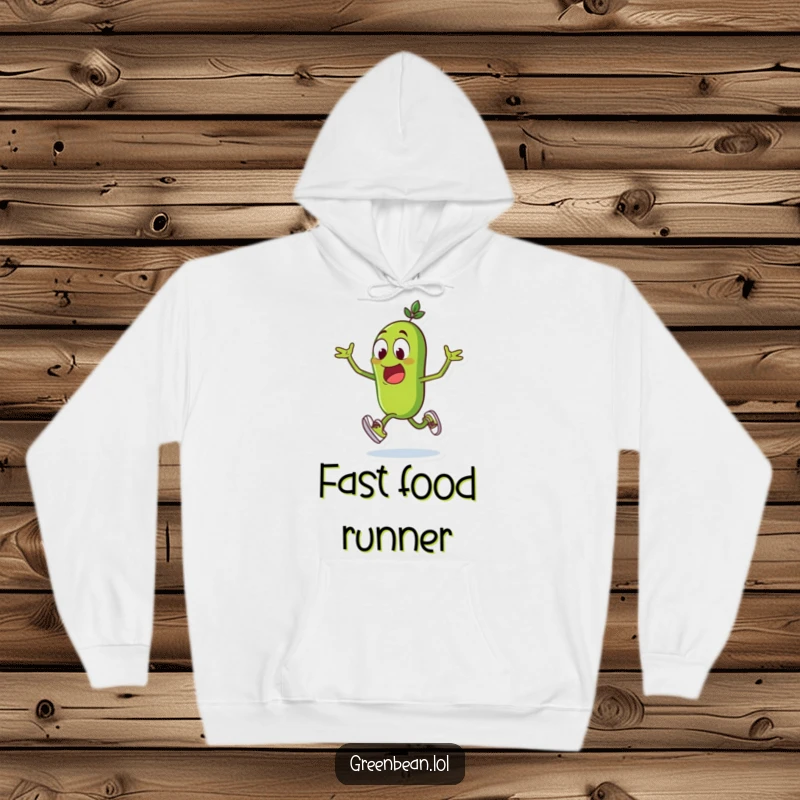 Funny green bean hoodie, excited character in tiny running shoes, sprinting, ideal for comfort and humor, funny gift.