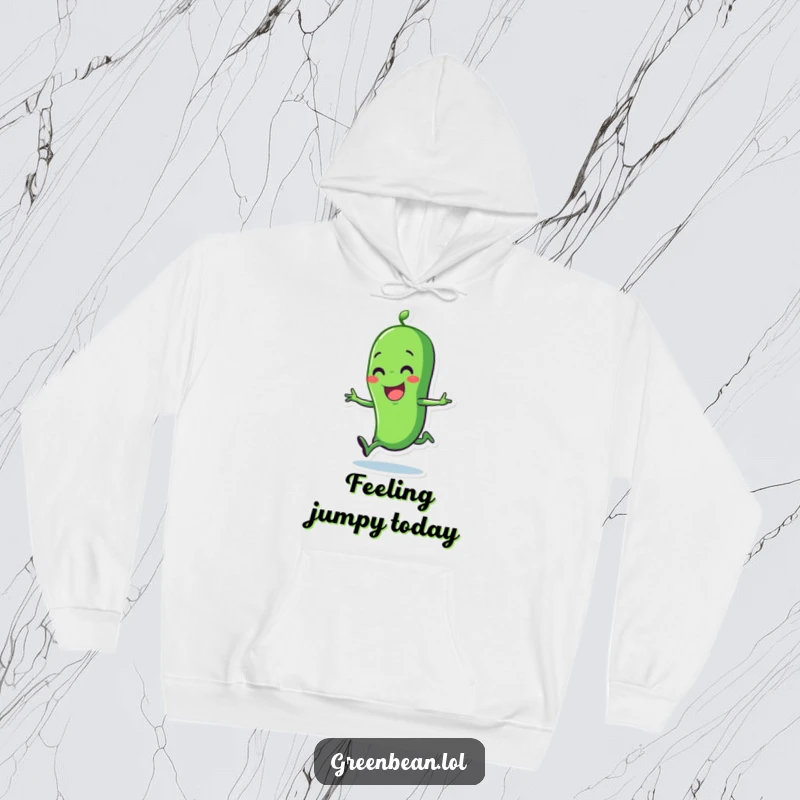 Funny cozy green bean hoodie with a happy character doing a delightful hop. Comfortable and humorous apparel.
