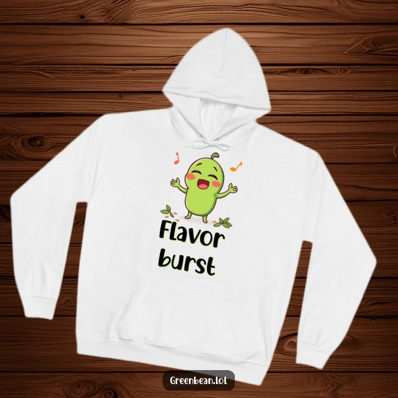 Funny Hoodie depicting a happy green bean character singing loudly with eyes closed, while being seasoned with spices.