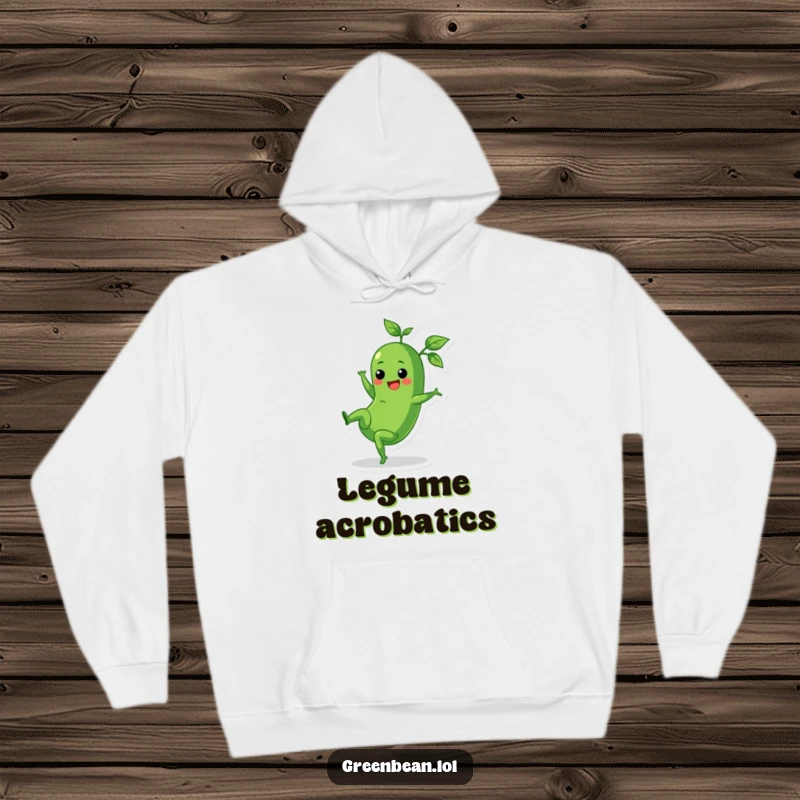 Funny hoodie showing a cheerful green bean doing a cartwheel, its leafy tops trailing, warm and fun.