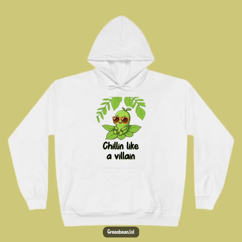 Funny Chill Bean Hoodie: Green Character Sunnies, Cozy and Humorous Gift