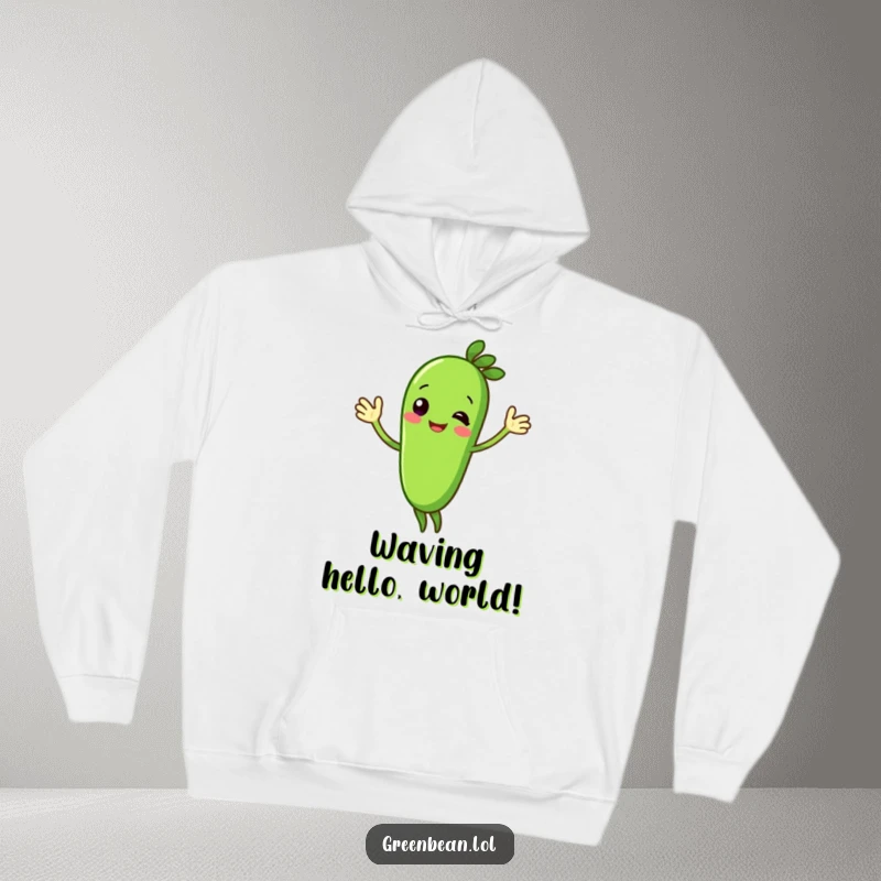 Funny green bean hoodie showcasing a joyful character enthusiastically waving. This warm and humorous garment is a great gift.
