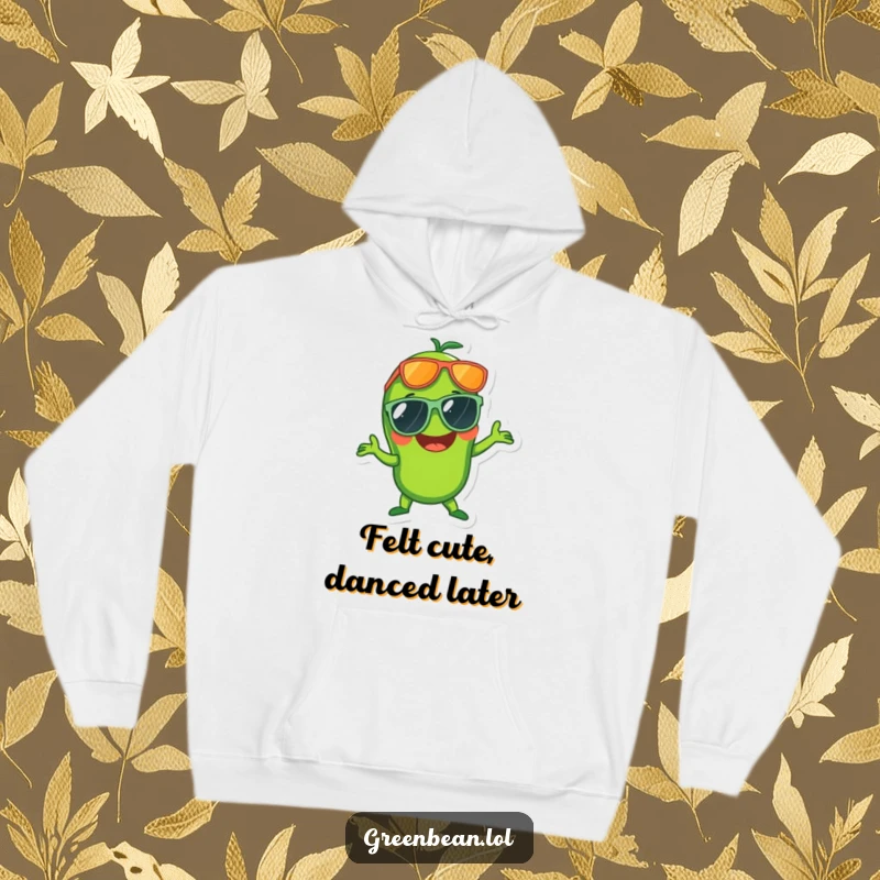 Funny hoodie featuring a laughing green bean with oversized sunglasses in a disco pose, radiating fun and style.