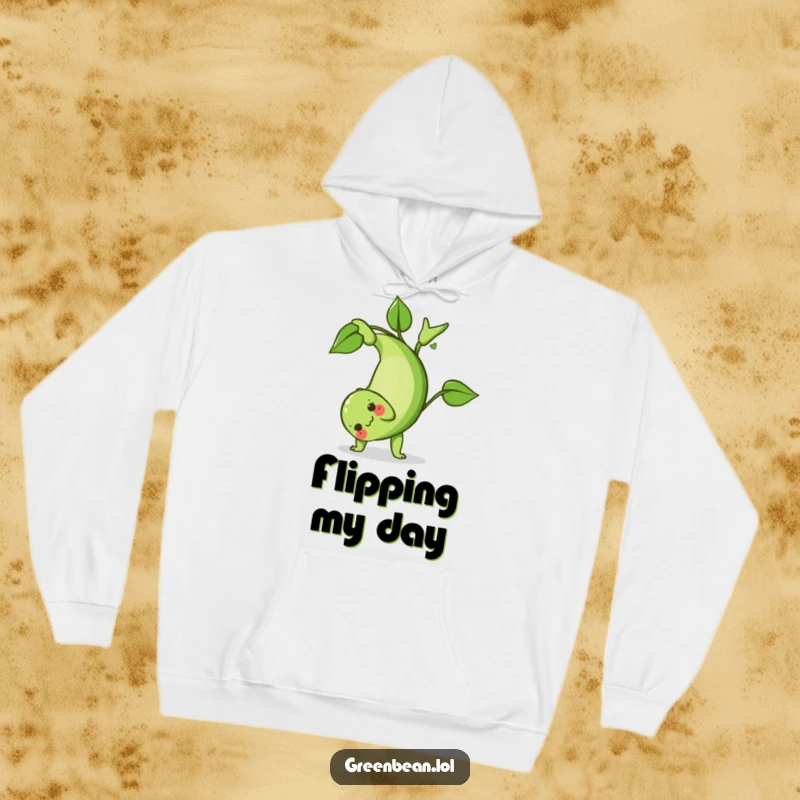 Funny Green Bean Hoodie: A comfortable hoodie depicting a green bean character performing a lively somersault with a leafy flourish.