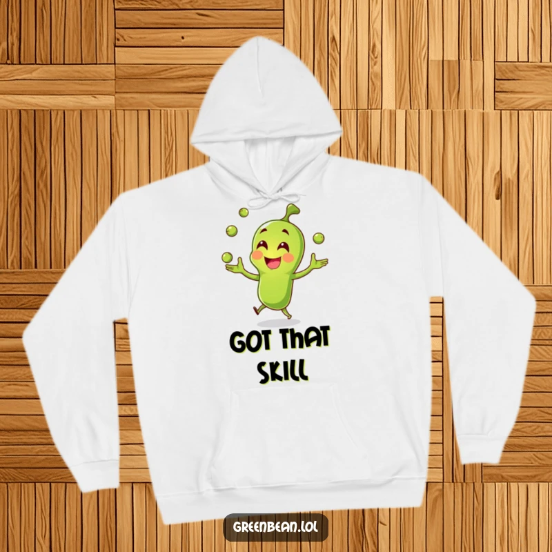 Funny green bean hoodie, happy character juggling peas, comfortable and humorous apparel, perfect for casual wear, funny gift.