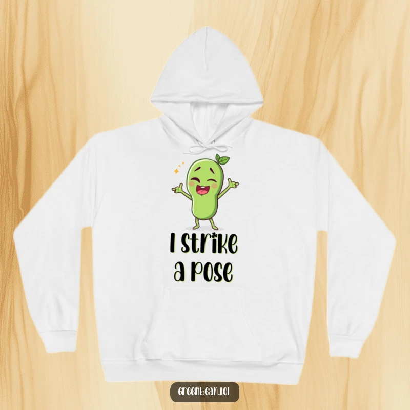 Funny green bean hoodie, winking character striking a dramatic pose, comfortable and stylish, ideal for lounging like a star, funny gift.